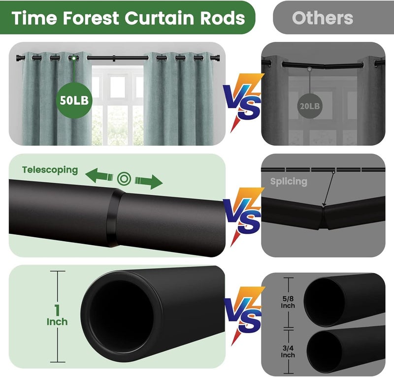 Time Forest Long Curtain Rods for Windows 72 to 144 Inch - 2 Pack,Modern Design,Black - Image 4